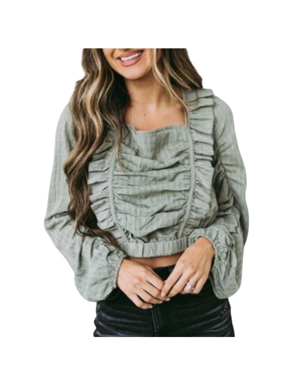 Hyfve Puff Sleeve Long Sleeve Blouse Square Neck Top Size Small Green NWOT